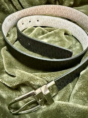MK Reversible Black Leather Belt with Silver Buckle
